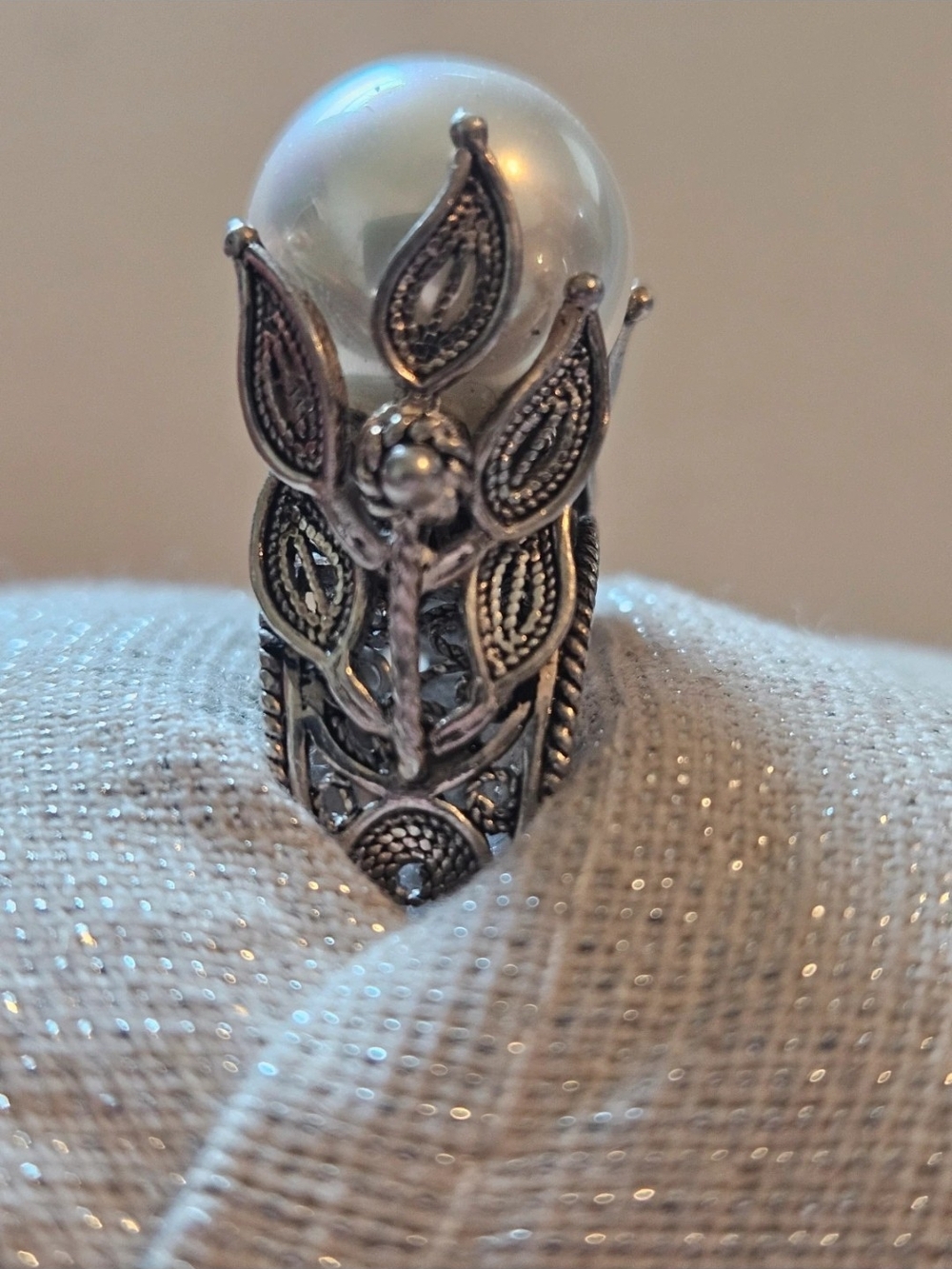 Sterling Silver Pearl Accent Floral Statement Ring - White Pearl